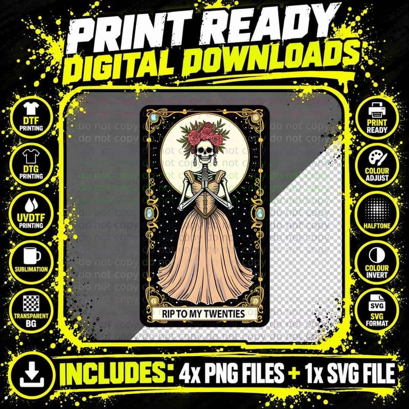 RIP to My Twenties Tarot Card Skeleton Floral Crown Png SVG Digital Bundle