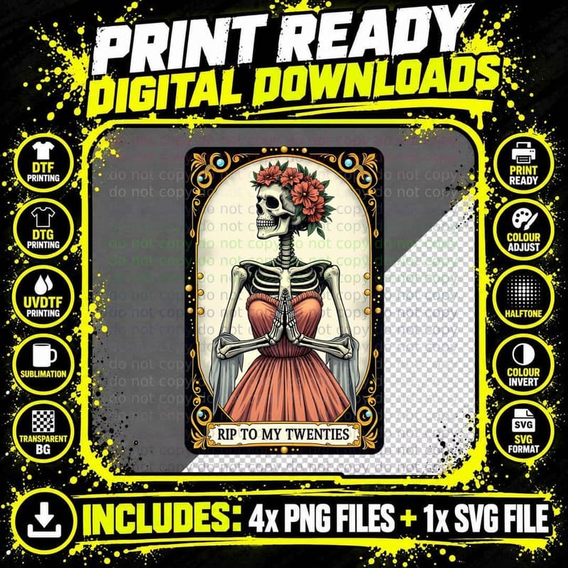 RIP to My Twenties Tarot Card Skeleton Woman Floral Png SVG Digital Bundle