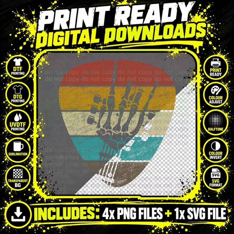 Retro 80s 90s Rock & Roll Skeleton Guitar Music Lover Png SVG Digital Bundle
