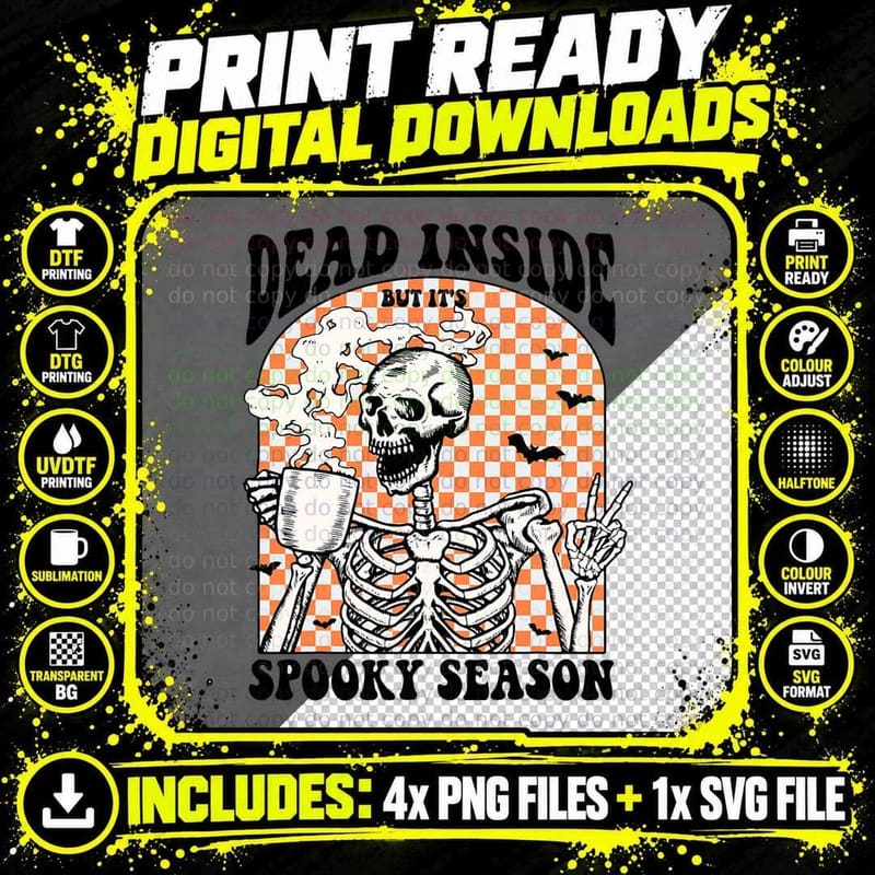 Retro Dead Inside but It's Spooky Season Coffee Lovers Png SVG Digital Bundle