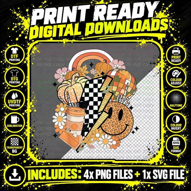 Retro Groovy Autumn Fall Vibes Disco Pumpkin Face Png SVG Digital Bundle