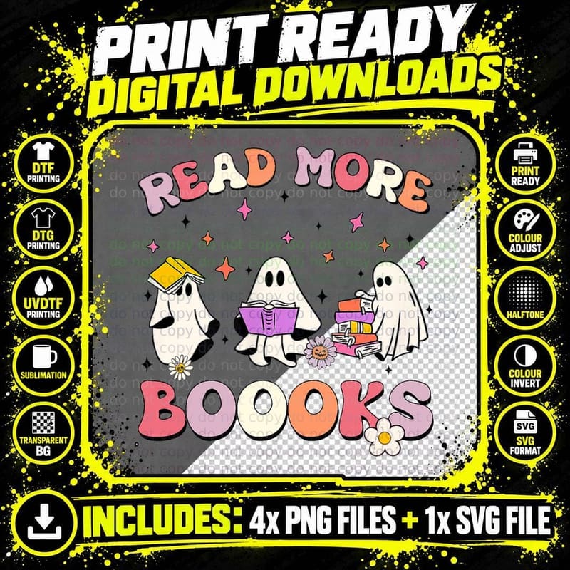 Retro Groovy Read More Books Ghost Boo Ghoul Funny Png SVG Digital Bundle