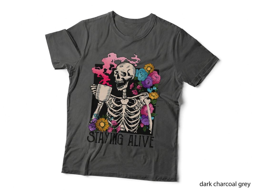 Retro Groovy Skeleton Staying Alive Coffee Halloween Hippie T-Shirt