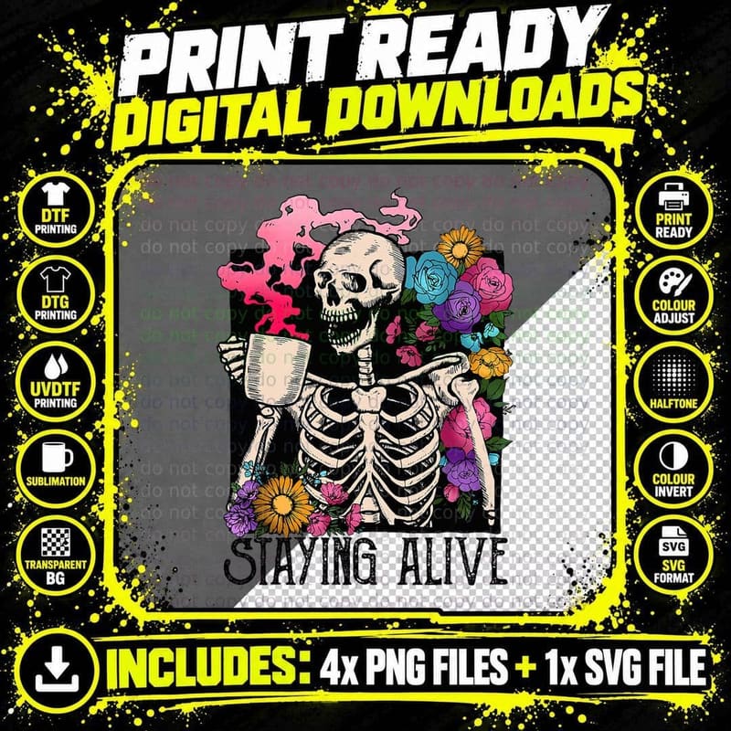Retro Groovy Skeleton Staying Alive Coffee Halloween Png SVG Digital Bundle