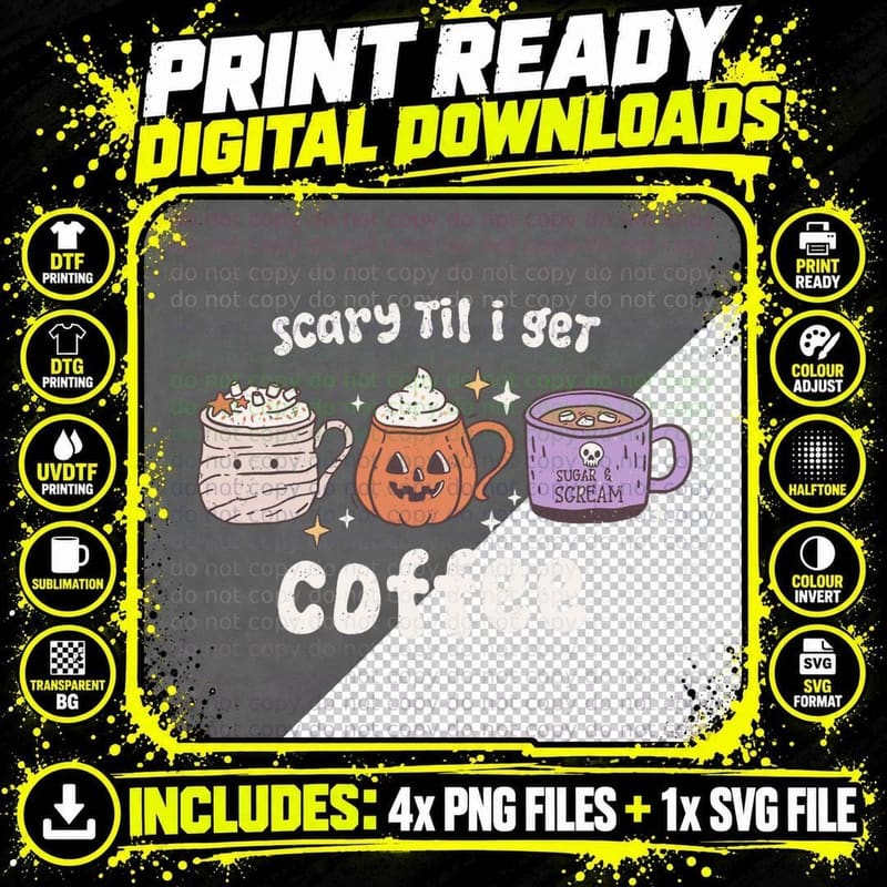 Retro Halloween Coffee Scary Til I Get Coffee Spooky Png SVG Digital Bundle