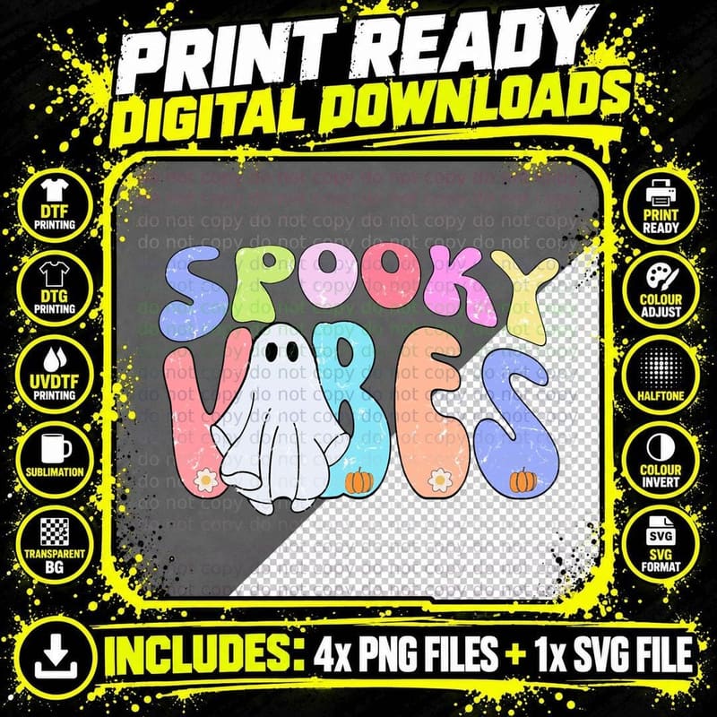 Retro Halloween Groovy Ghost Spooky Vibes Pullover Png SVG Digital Bundle