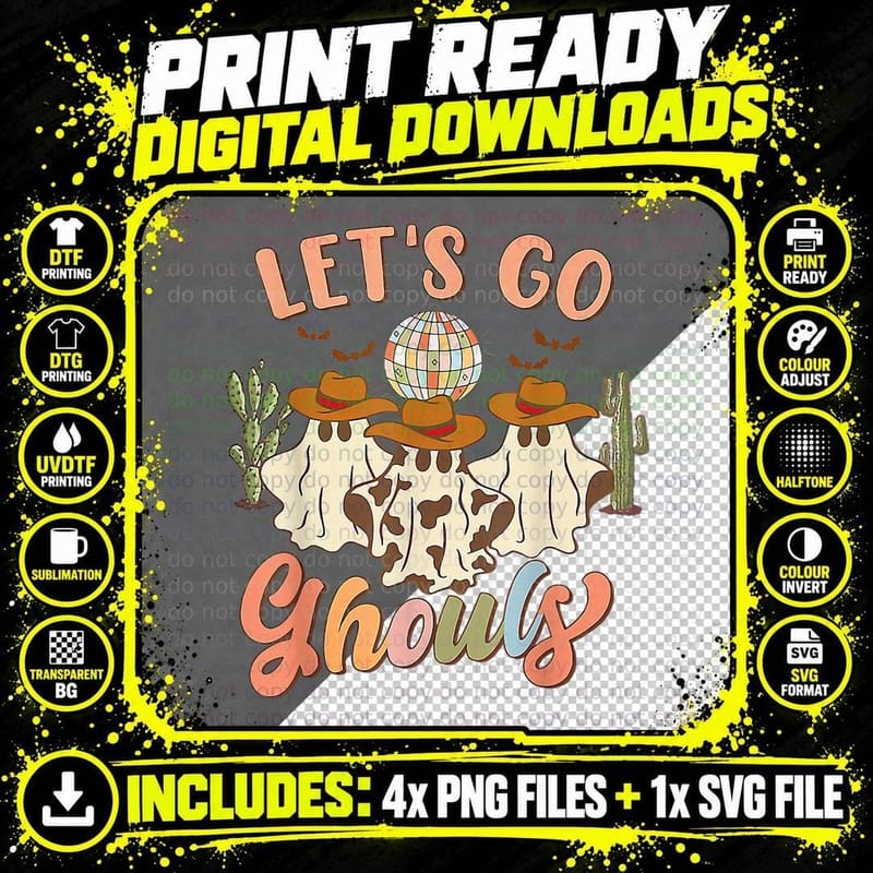 Retro Halloween Let's Go Ghouls Western Ghosts Disco Png SVG Digital Bundle
