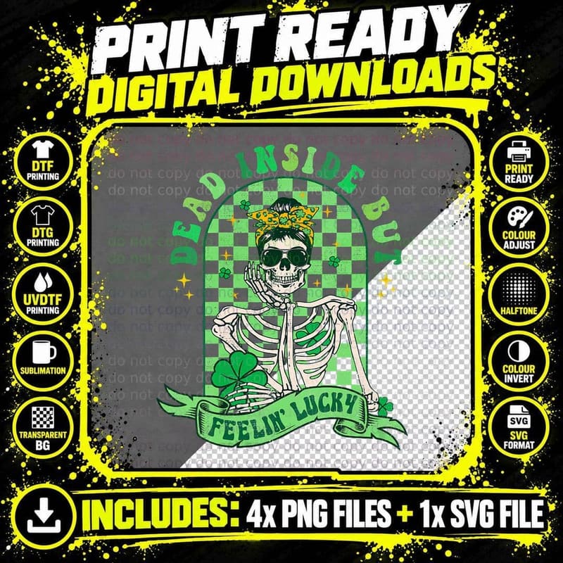Retro St Patricks Day Skeleton Dead Inside but Feeling Png SVG Digital Bundle