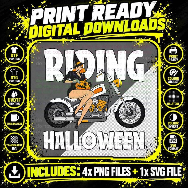 Riding Halloween Costume Cool Motorcycle Witch Pumpkin Png SVG Digital Bundle