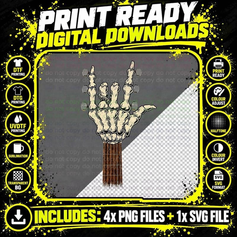 Rock & Roll Skeleton Guitar Music for Guitarist, Men Png SVG Digital Bundle