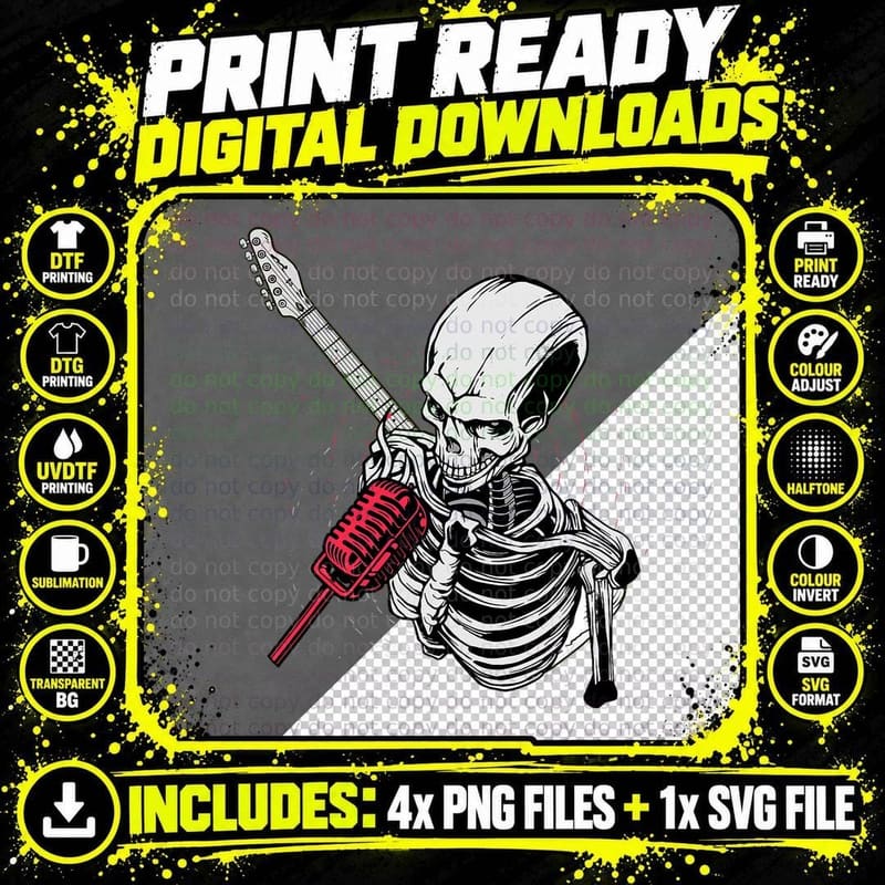 Rock & Roll Skeleton Guitar Player Figurine Music Lover Png SVG Digital Bundle