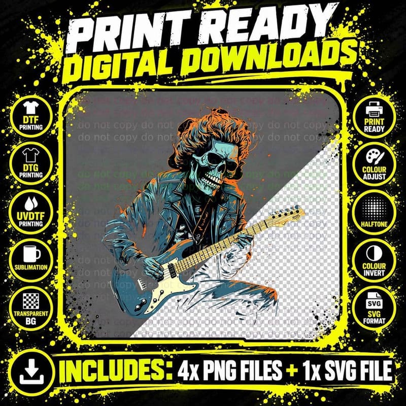 Rock & Roll Skeleton Music Guitar Lover T-Shirt Png SVG Digital Bundle