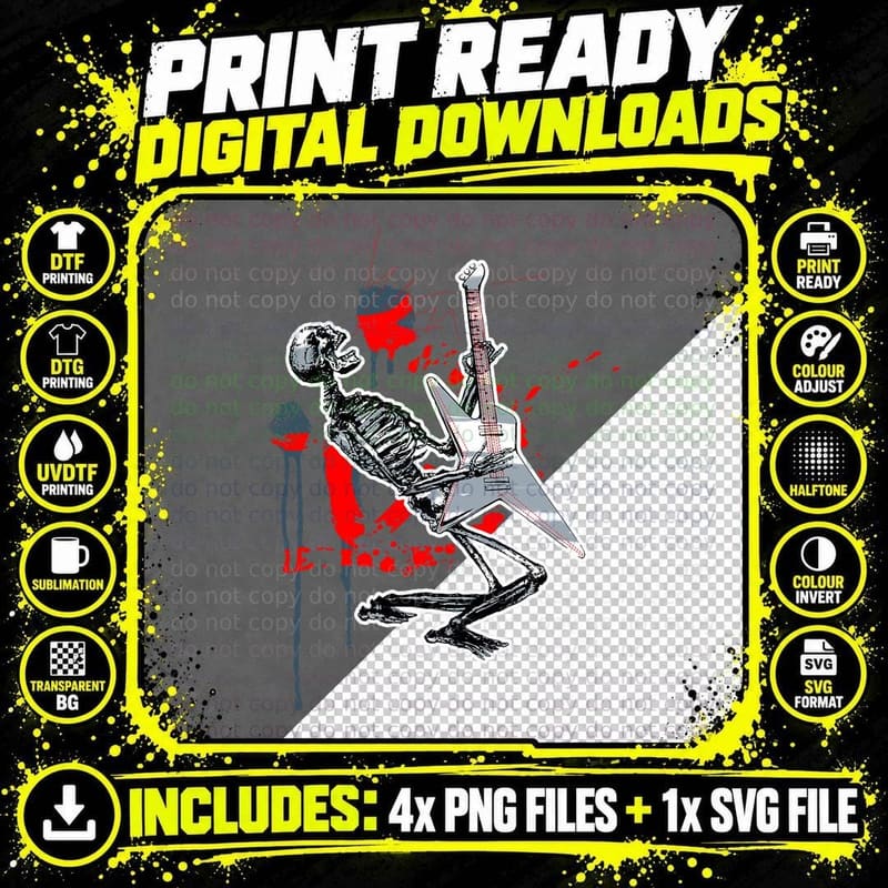 Rock Music Guitar Playing Skeleton T-Shirt Png SVG Digital Bundle