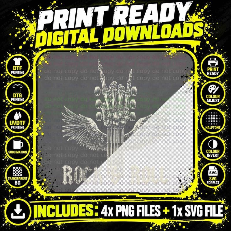 Rock on Guitar Neck - Rock & Roll Skeleton Hand Concert Png SVG Digital Bundle