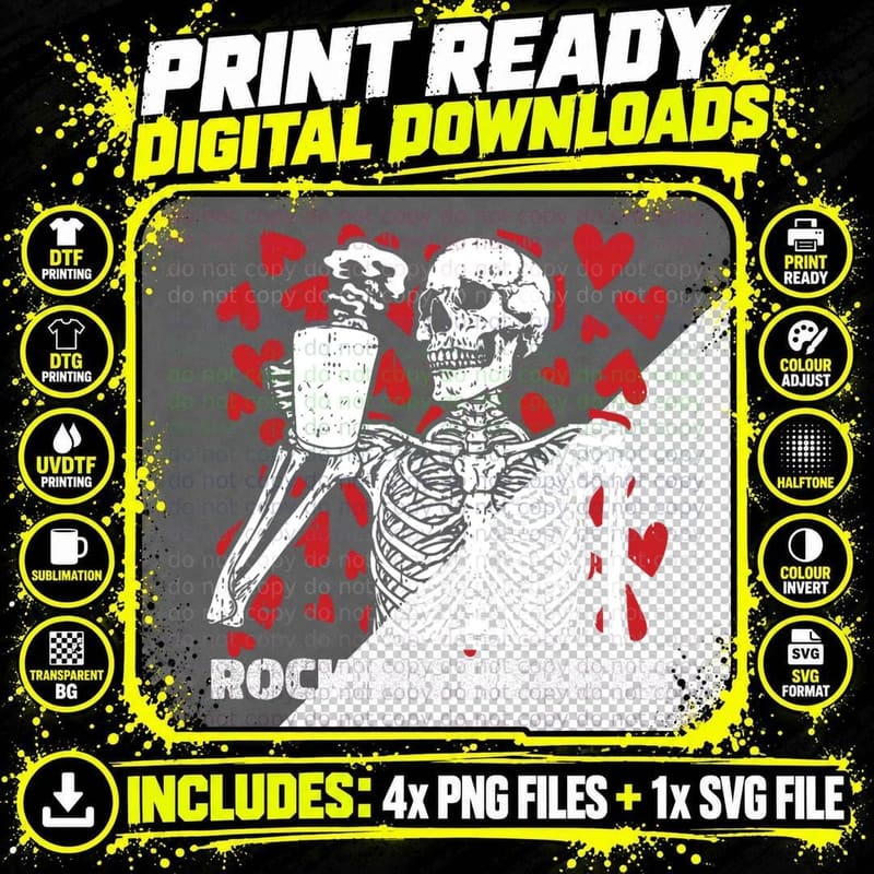 Rocking Hearts Valentines Day Funny Skeleton Drinking Png SVG Digital Bundle