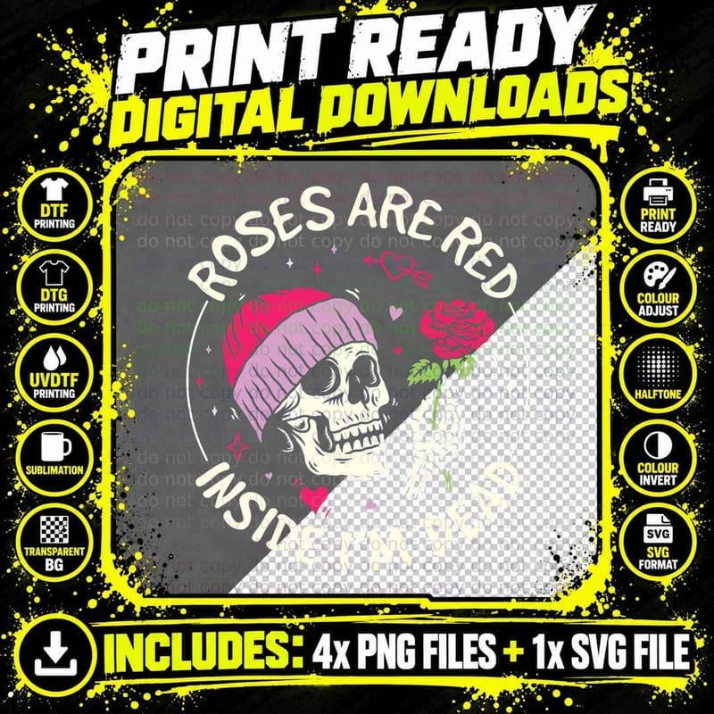 Roses Are Red Inside I'm Dead Retro Skeleton Valentine's Png SVG Digital Bundle