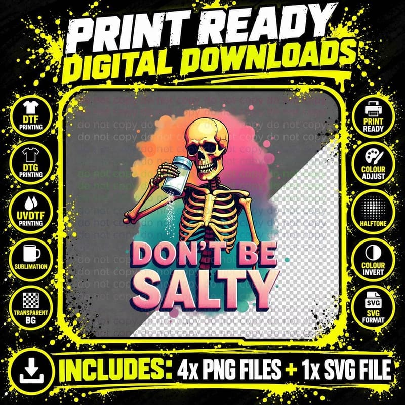 Salty Skeleton Pouring Salt Shaker Colorful Blue Green Png SVG Digital Bundle