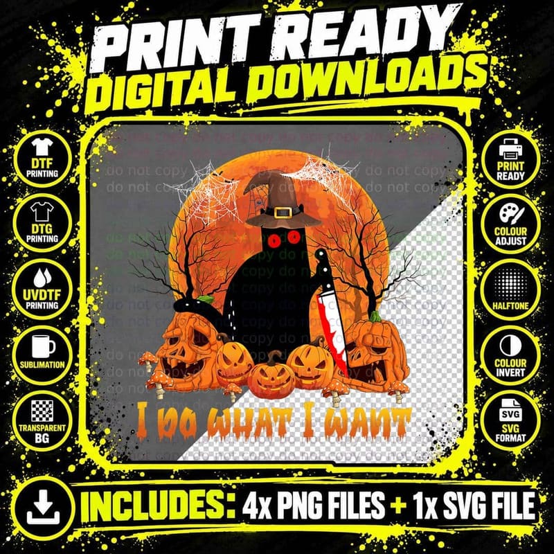 Scary Halloween Black Cat Funny I Do What I Want Cat Png SVG Digital Bundle