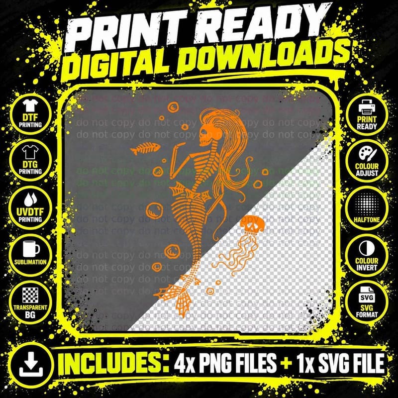Scary Mermaid Skeleton Costume Creepy Spooky Ocean Life Png SVG Digital Bundle