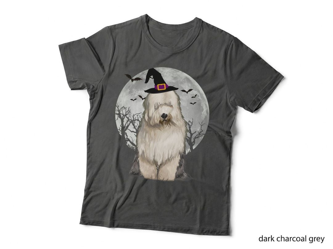 Scary Old English Sheepdog Dog Witch Hat Halloween T-Shirt