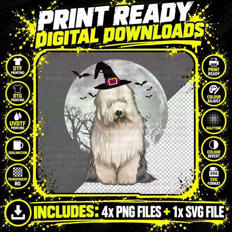 Scary Old English Sheepdog Dog Witch Hat Halloween Png SVG Digital Bundle