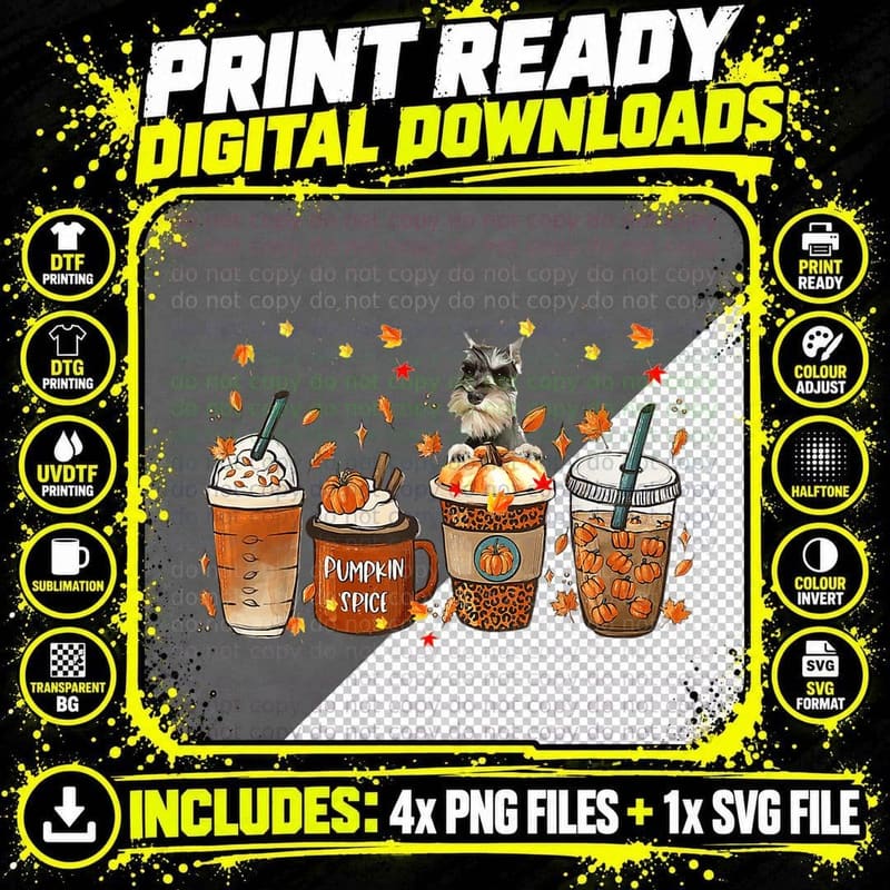 Schnauzer Fall Coffee Pumpkin Spice Latte Iced Autumn Png SVG Digital Bundle
