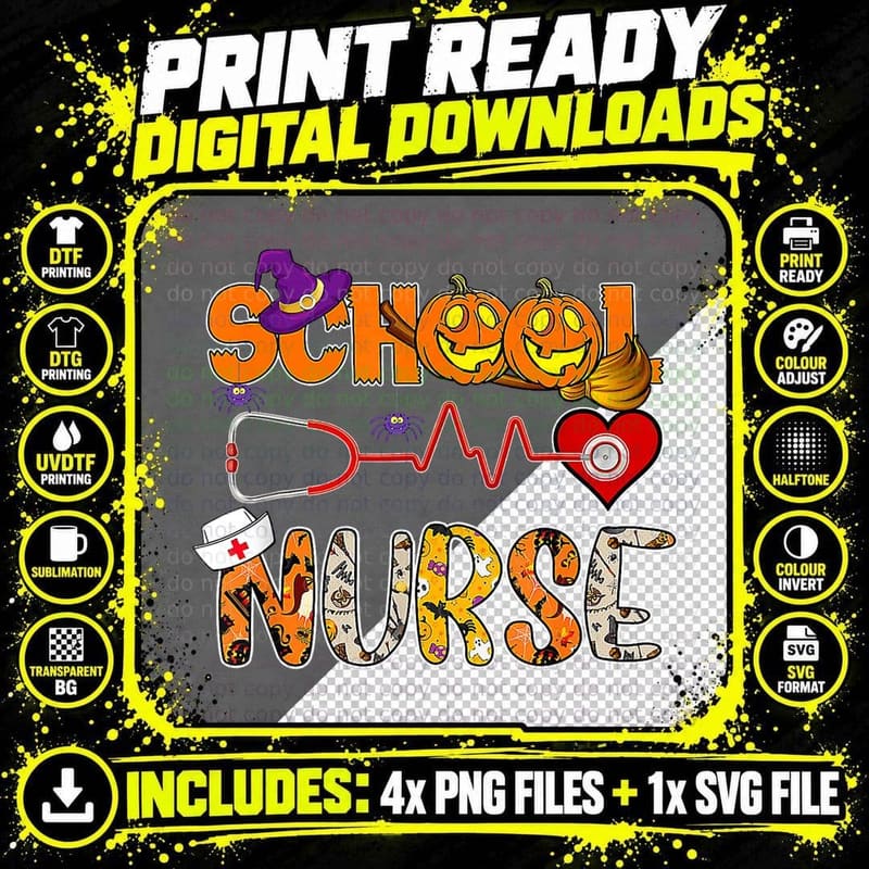 School Nurse Halloween with Pumpkin Witch Hat Png SVG Digital Bundle