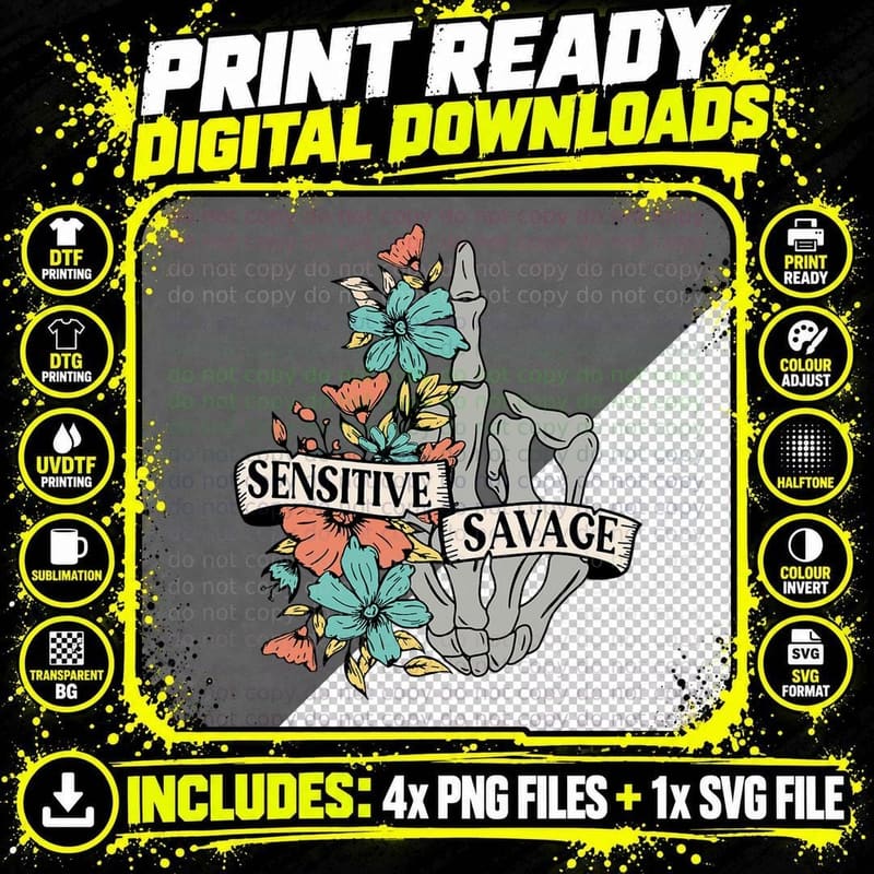 Sensitive Savage Flower Skeleton Dead Inside Png SVG Digital Bundle