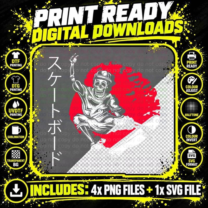 Skater Skeleton Japan Skateboard Skateboarding Longboard Png SVG Digital Bundle