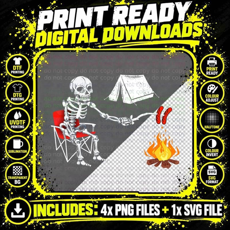 Skeleton Camping Halloween Campfire Hiking T-Shirt Png SVG Digital Bundle