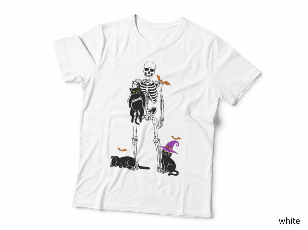 Skeleton Carrying Black Cat Witch Kitten Halloween Costume T-Shirt