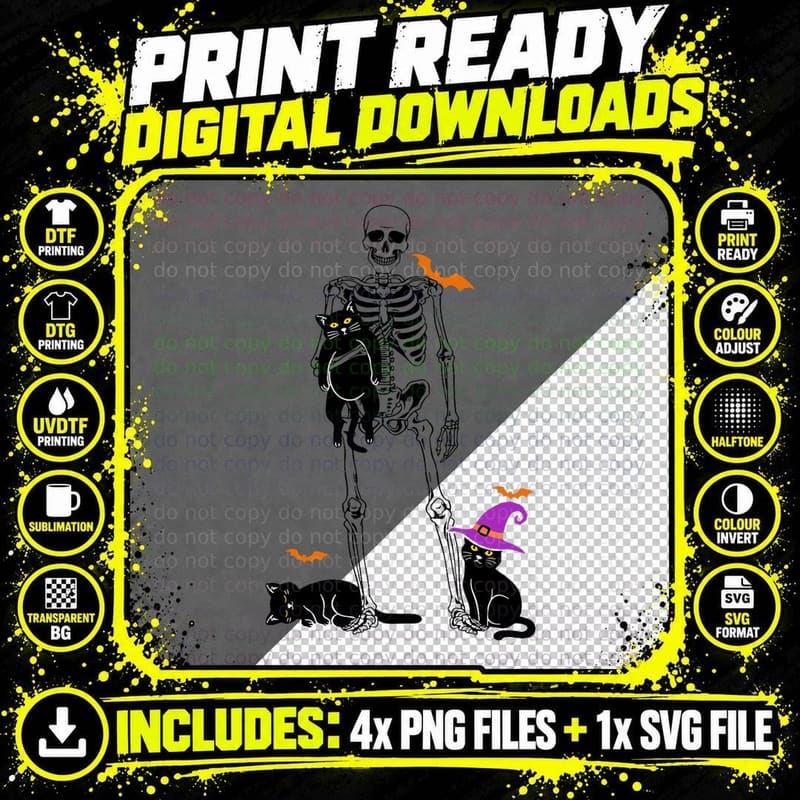 Skeleton Carrying Black Cat Witch Kitten Halloween Png SVG Digital Bundle