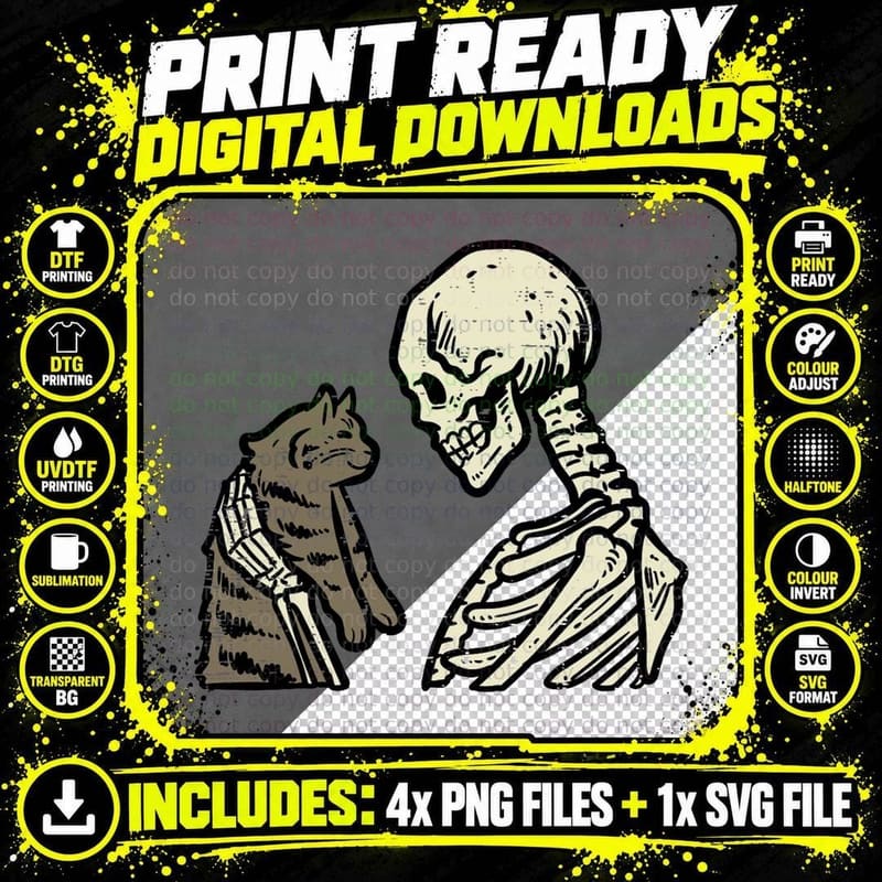 Skeleton Cat Cute Kitten Funny Halloween Men Women Girl Png SVG Digital Bundle