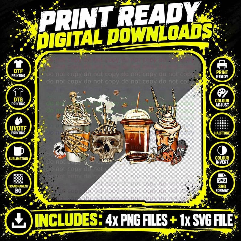 Skeleton Coffee Cups Funny Coffee Cups Skull for Fall Png SVG Digital Bundle