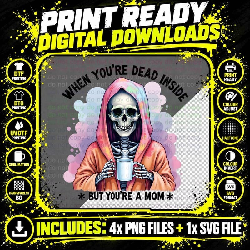 Skeleton Dead Inside but Mam Humorous Pink Blue Purple Png SVG Digital Bundle