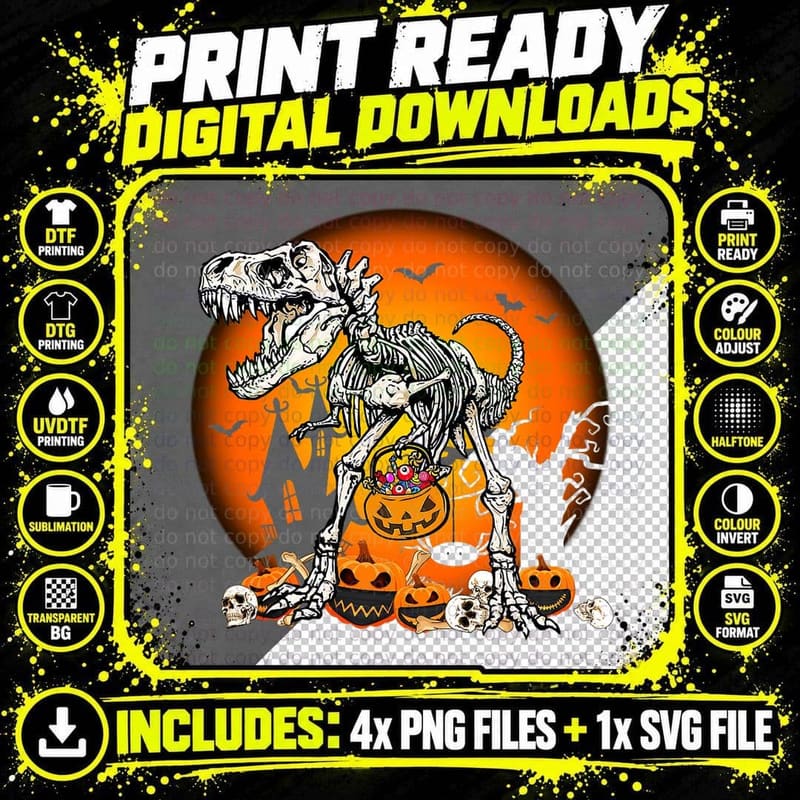 Skeleton Dinosaur Halloween T Rex Pumpkin Costume Kid Png SVG Digital Bundle