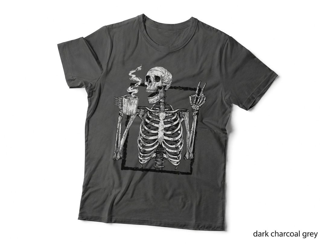 Skeleton Drinking Coffee Gothic Peace Sign Halloween Grunge T-Shirt
