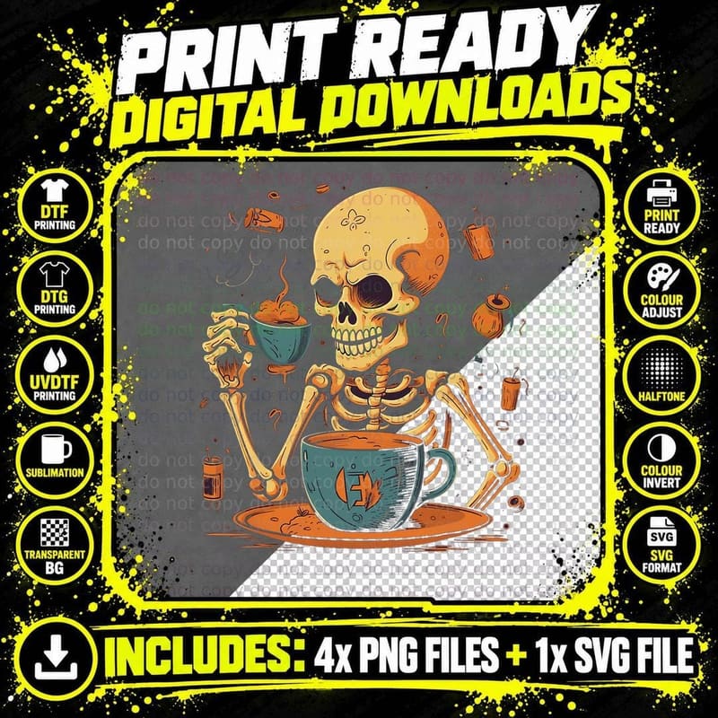 Skeleton Drinking Coffee Halloween Costume Barista Men Png SVG Digital Bundle