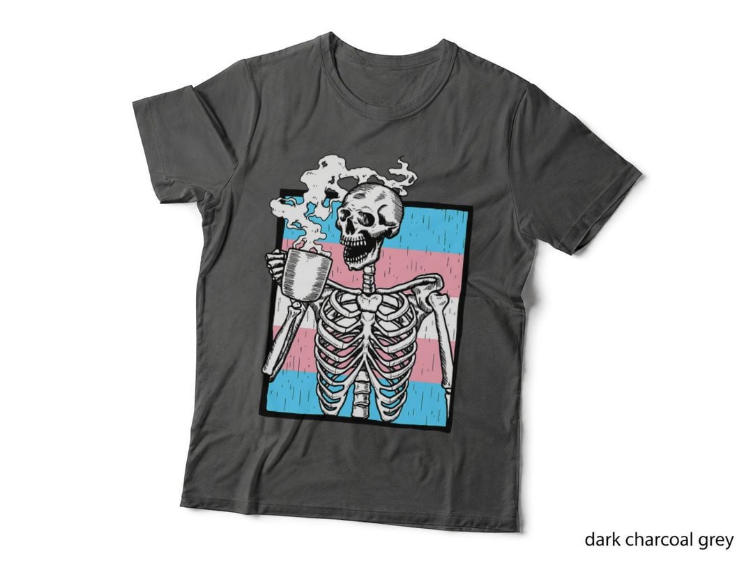 Skeleton Drinking Coffee Lgbt-Q Transgender Pride Trans Flag T-Shirt