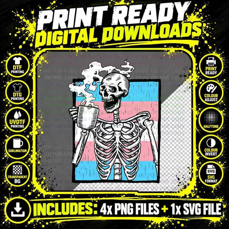 Skeleton Drinking Coffee Lgbt-Q Transgender Pride Trans Png SVG Digital Bundle