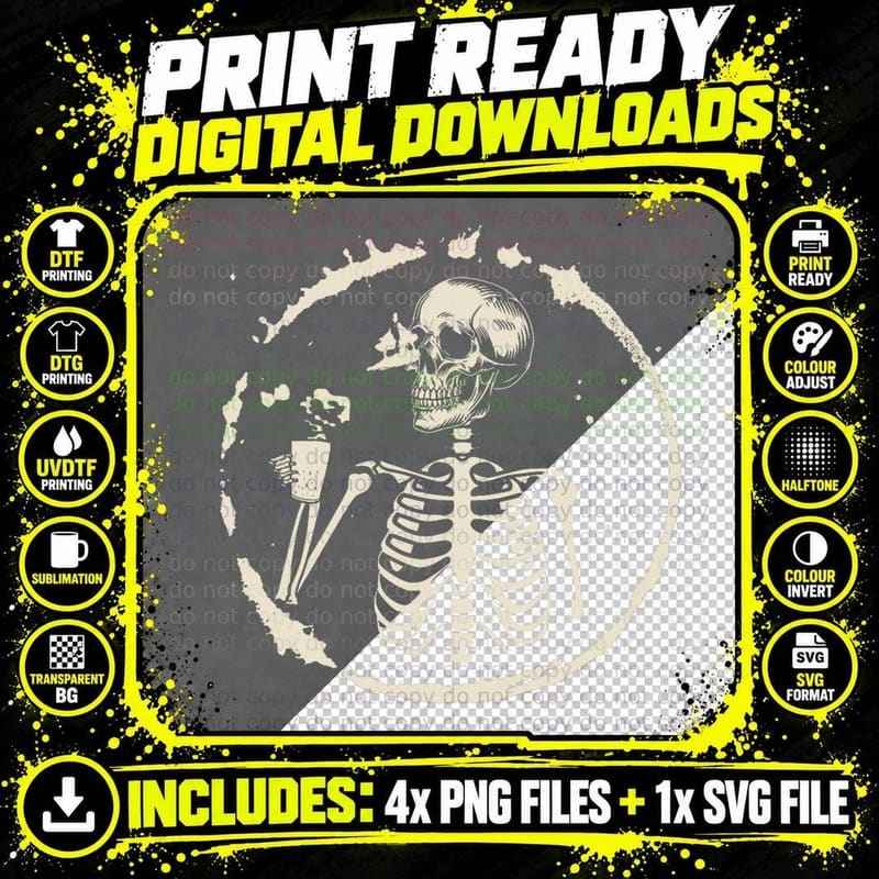 Skeleton Drinking Coffee Shirt, Lazy Halloween Costume Png SVG Digital Bundle