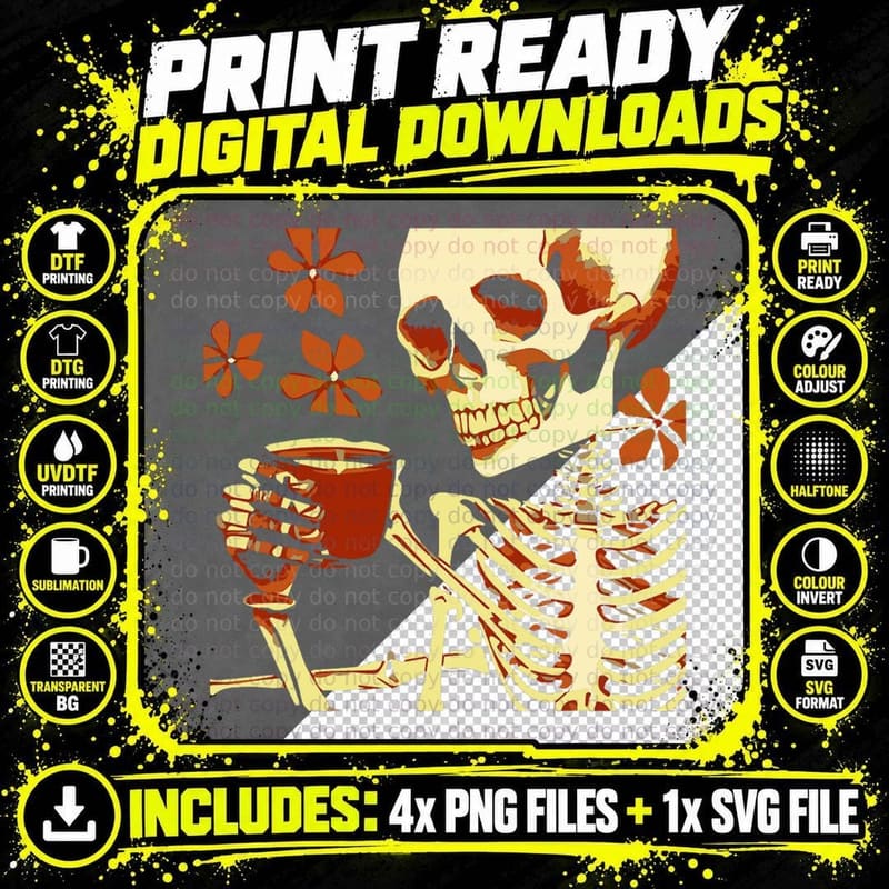 Skeleton Drinking Coffee Vintage Artsy Skull Caffeine Png SVG Digital Bundle