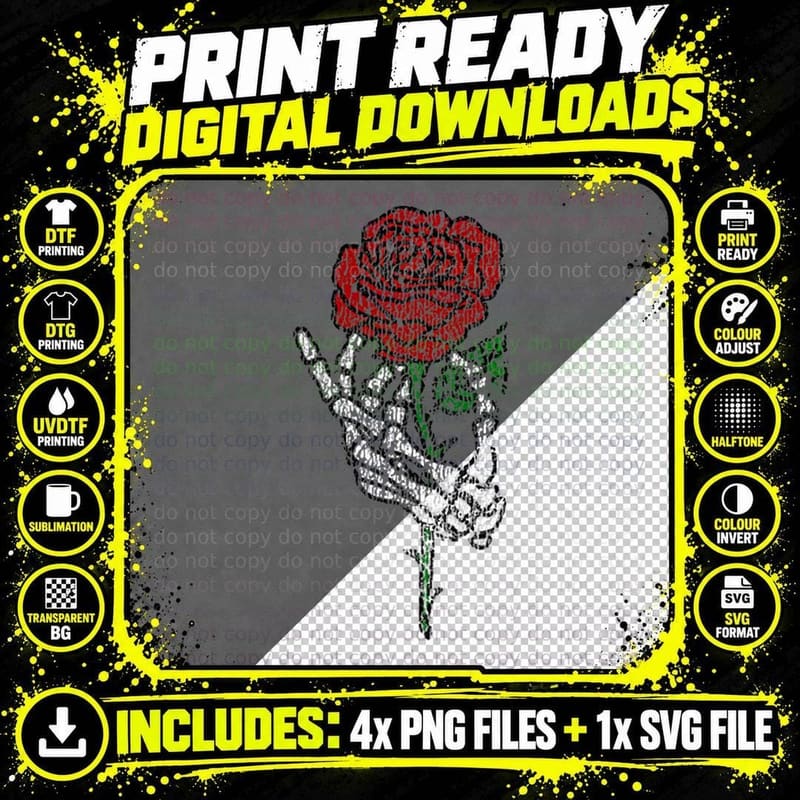 Skeleton Hand Holding Rose, Tattoo Clothing Png SVG Digital Bundle