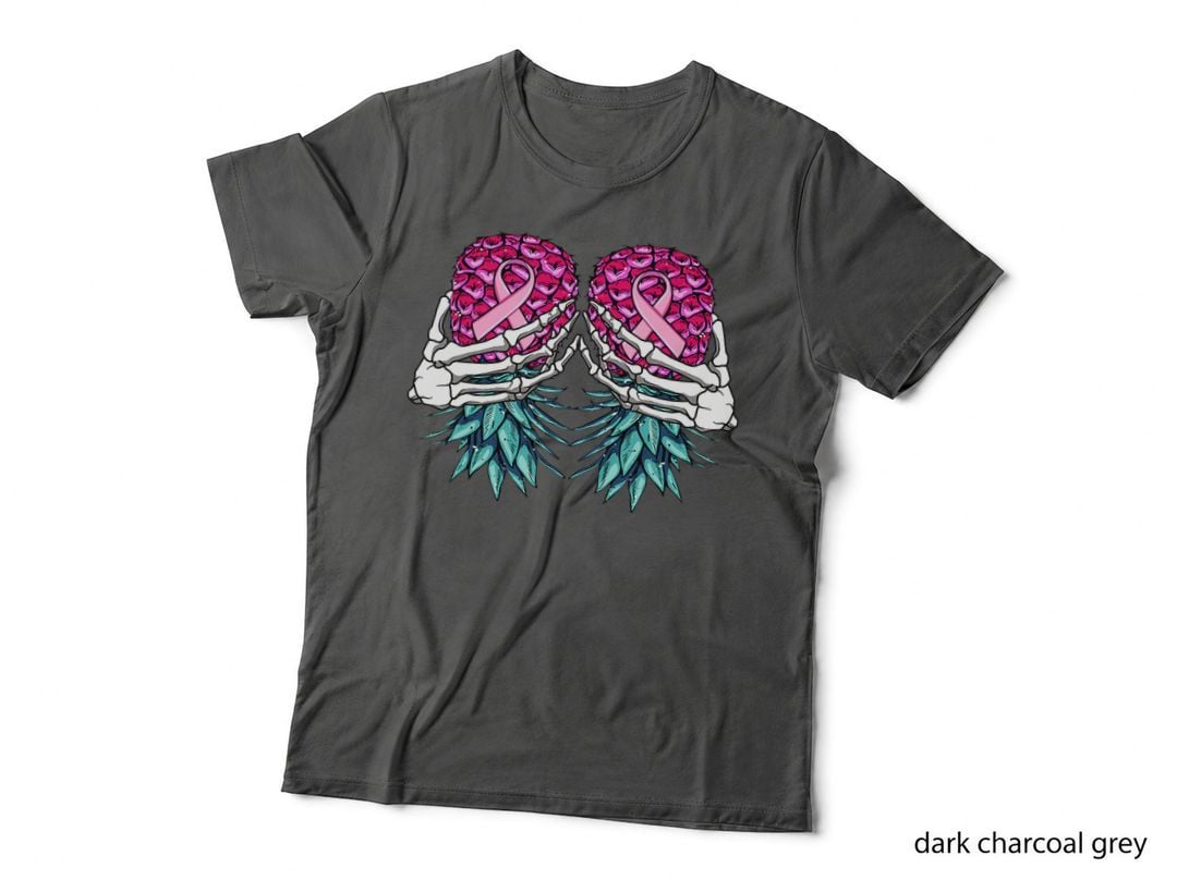 Skeleton Hand Holding Upside Down Pineapple Breast Cancer T-Shirt