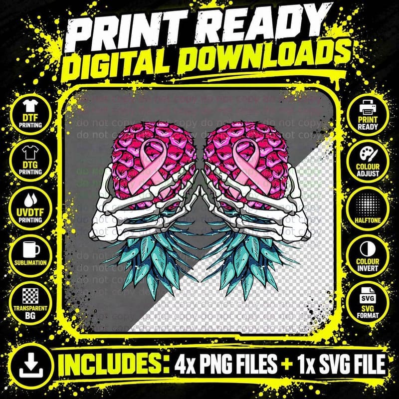 Skeleton Hand Holding Upside Down Pineapple Breast Png SVG Digital Bundle