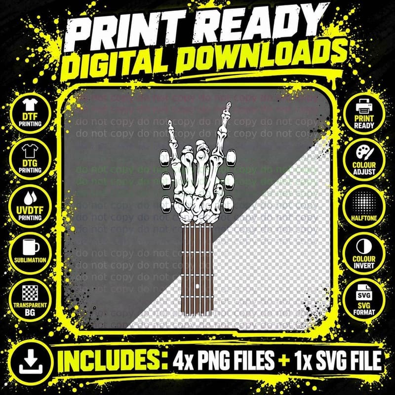 Skeleton Hand Playing Rock Guitar Guitarist Band Png SVG Digital Bundle