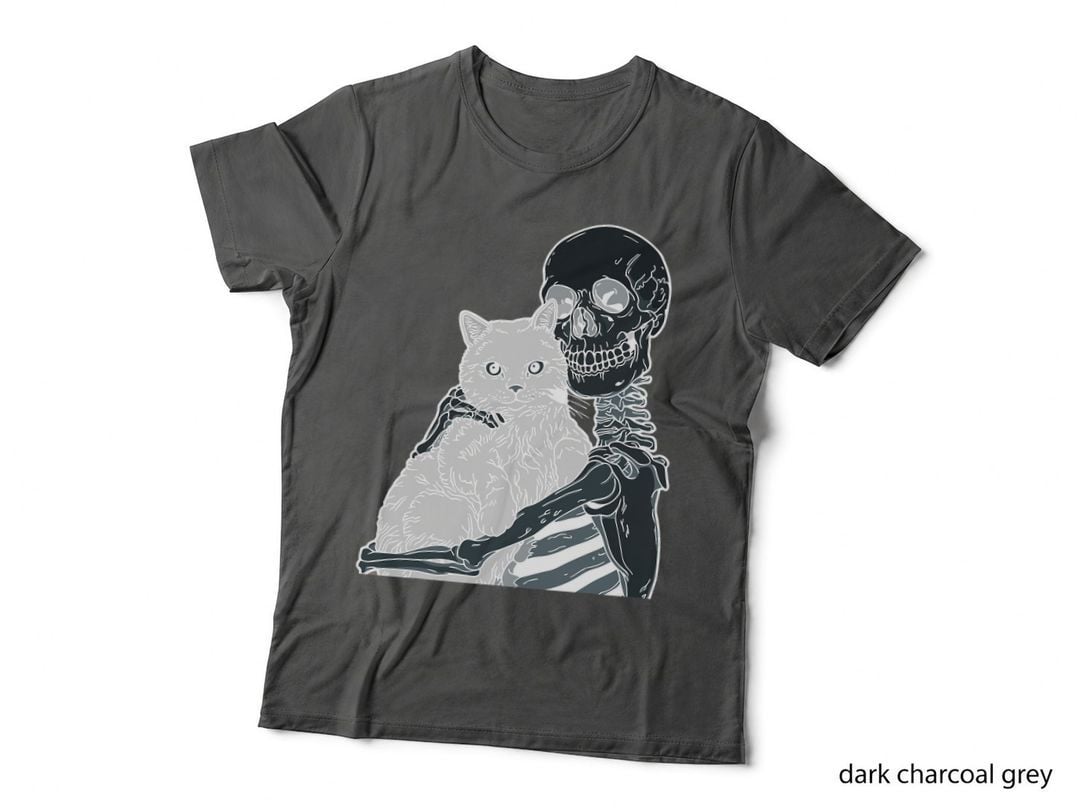 Skeleton Holding a Cat Lazy Halloween Costume Skull T-Shirt