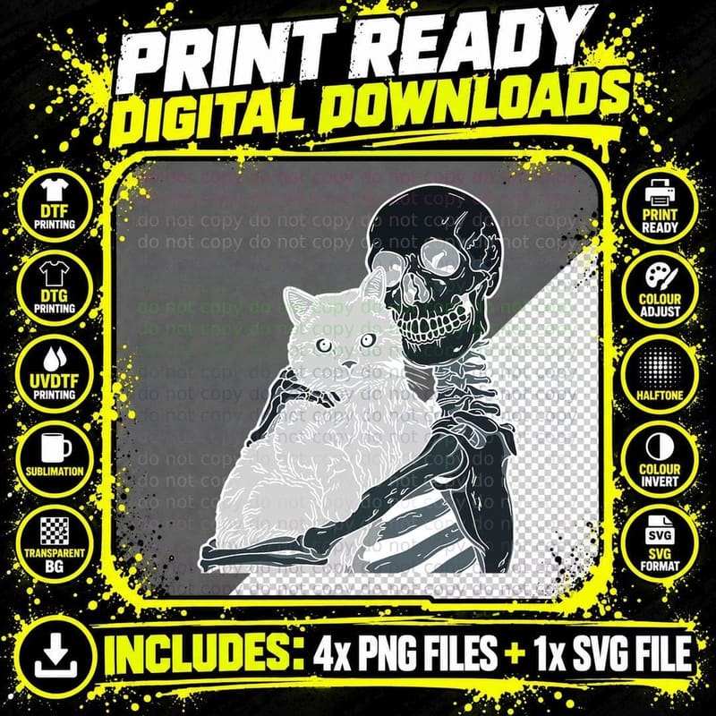 Skeleton Holding a Cat Lazy Halloween Costume Skull Png SVG Digital Bundle
