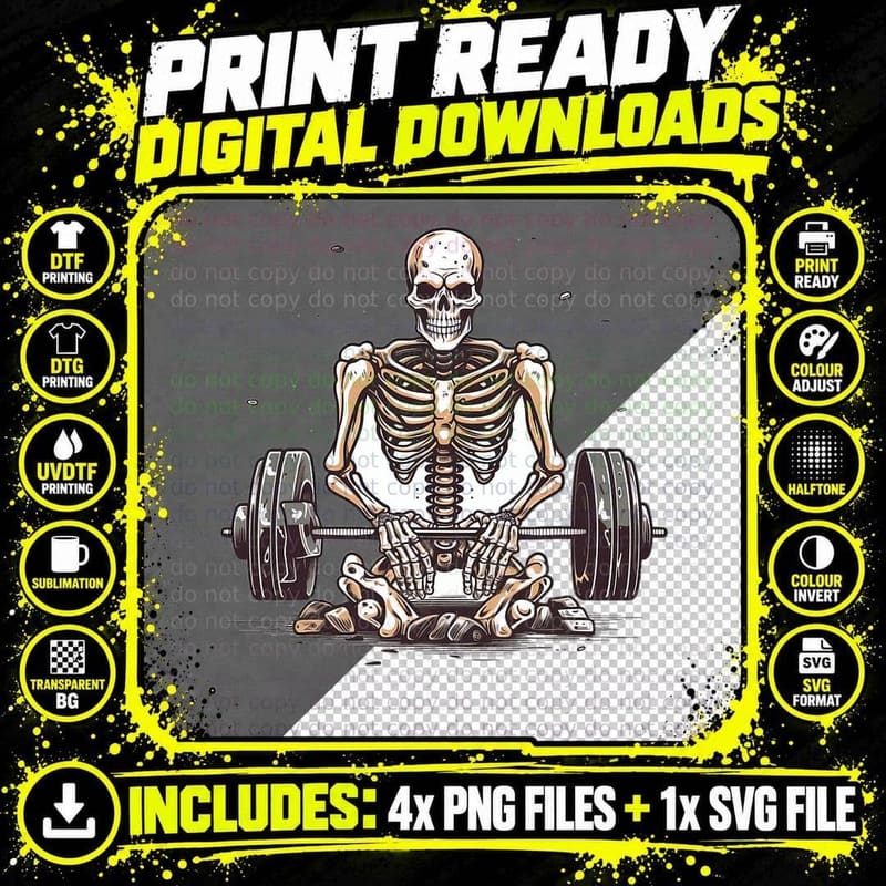 Skeleton Lifting Halloween Costume Fitness Gym Workout Png SVG Digital Bundle