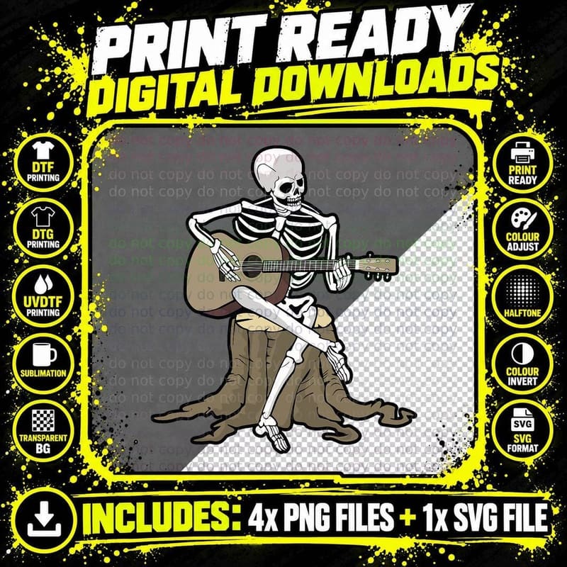 Skeleton Playing Guitar Halloween Acoustic Boys Graphic Png SVG Digital Bundle